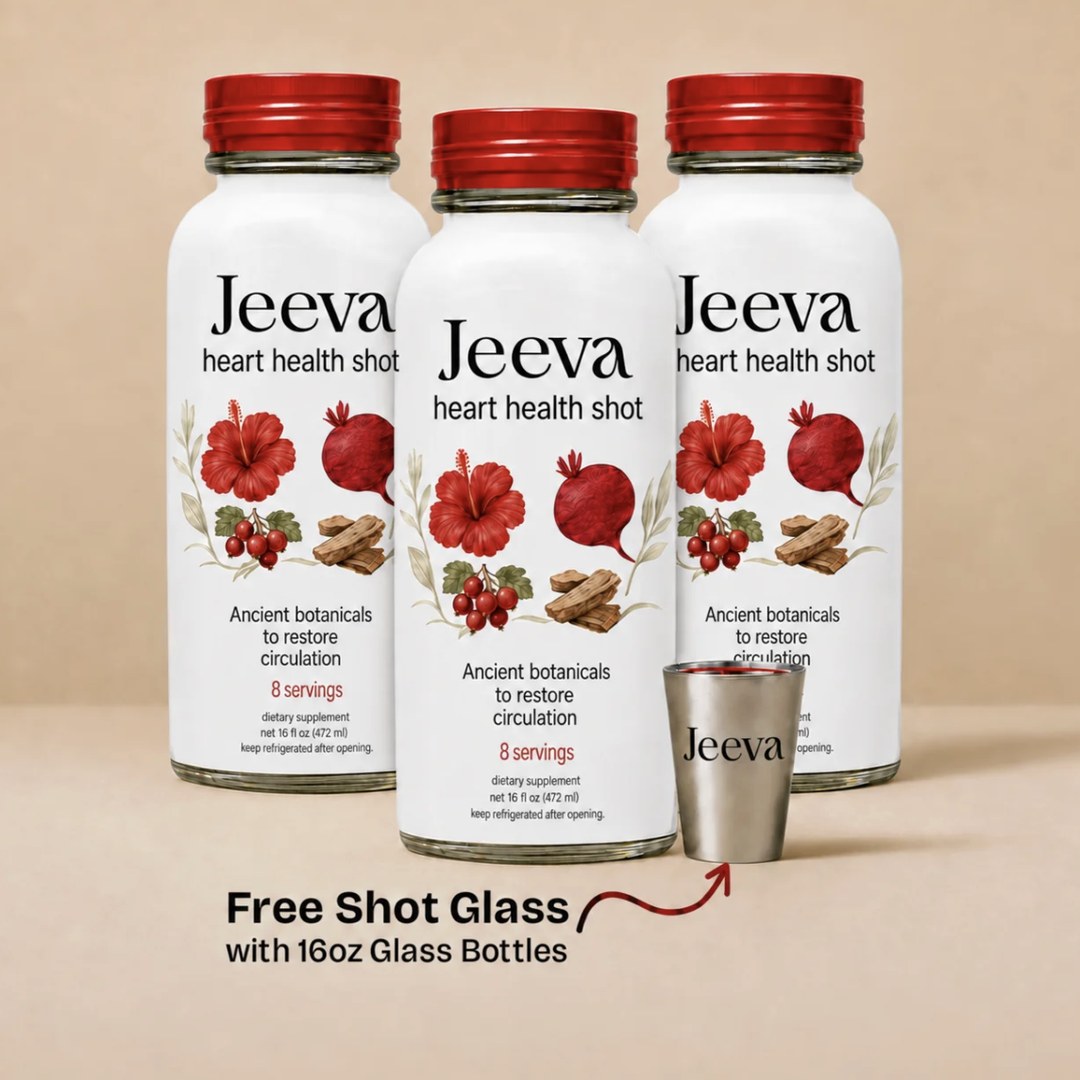 One set of three bottles of Jeeva Heart Health Shot with the free shot glass