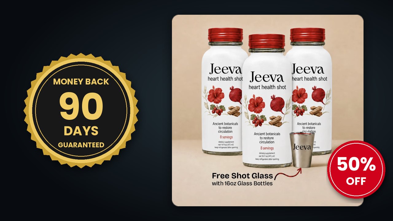 Jeeva bottles, free shot glass, 50% off, and 90-day money-back guarantee
